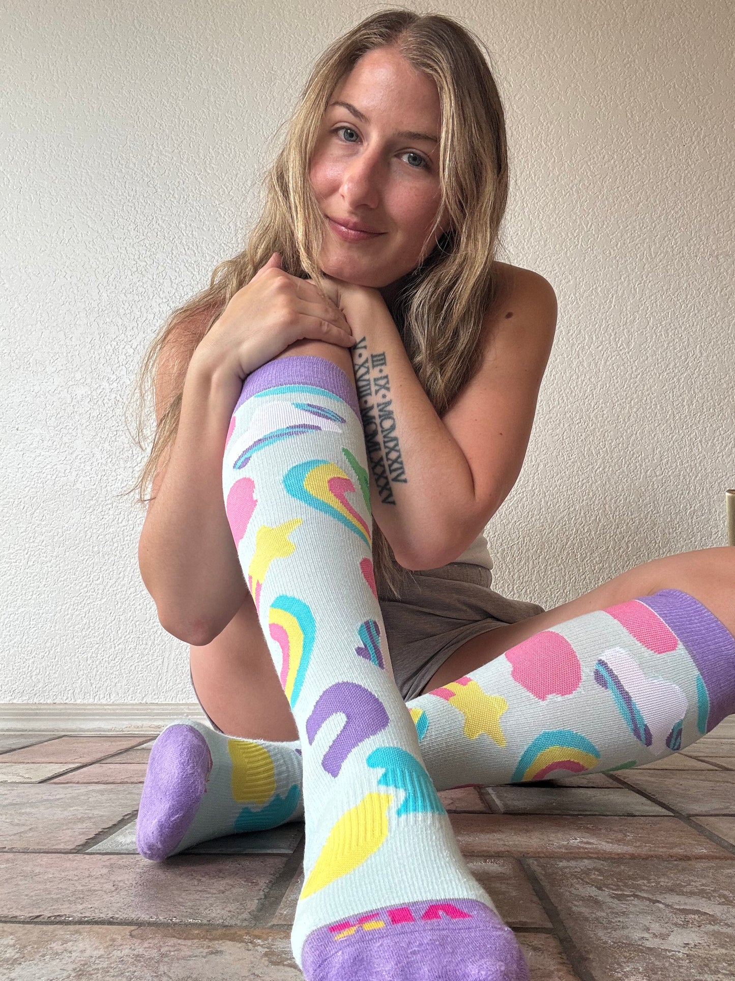 Vix Socks Sweet Rainbow Bamboo Compression Socks Modeled